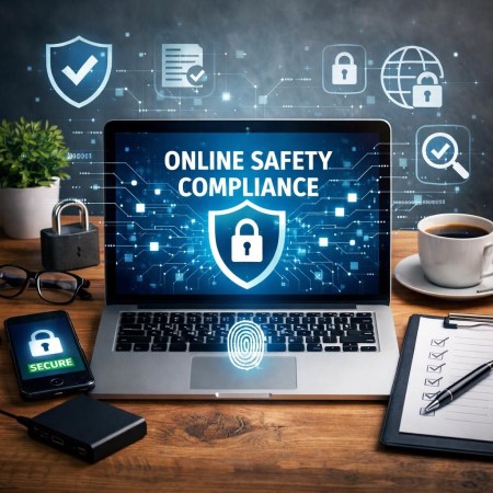 Laptop screen displaying 'Online Safety Compliance' with security icons around
